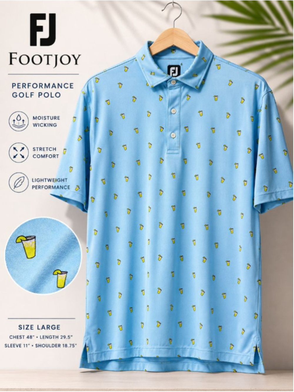 FootJoy Golf Polo Shirt L Blue Cocktail Drink Print Performance Stretch